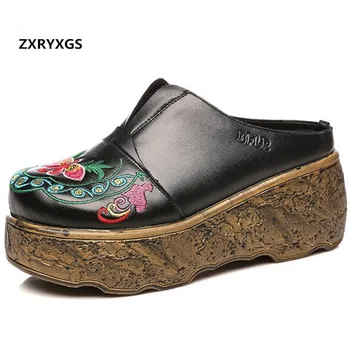 Cel Mai Bun De Vânzare Clasic Brodate De Vacă Din Piele Pantofi Sandale De Moda De Vară 2020 Femei Papuci De Casă Pene Platforma Papuci Femei Sandale