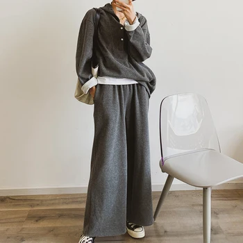 Moda Casual Femei Din Două Piese Set 2020 Solide În Vrac Pulovere Hanorac Pantaloni Largi Picior Costum De Toamna Gri Simplu De Bumbac, Seturi De Tinuta