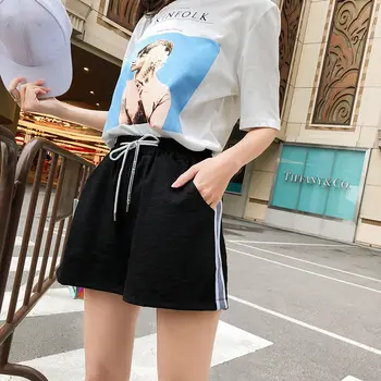 Pantaloni scurți Femei Vara Elastic Dantela-up-talie stil coreean Partea dungi-de-Mare-talie Femei Elevii 3XL Ulzzang Liber O-linie Casual