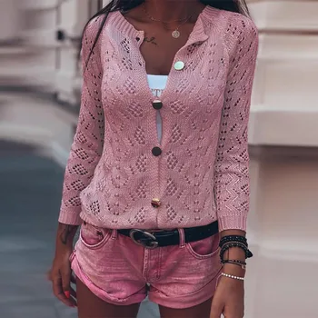 Moda Primavara Toamna Femei Cardigan Față Deschise Culori Solide Gol Afară de Croșetat Tricotate Butonul Maneca Lunga, Pulovere Subtiri Strat#g3