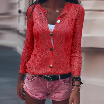 Moda Primavara Toamna Femei Cardigan Față Deschise Culori Solide Gol Afară de Croșetat Tricotate Butonul Maneca Lunga, Pulovere Subtiri Strat#g3