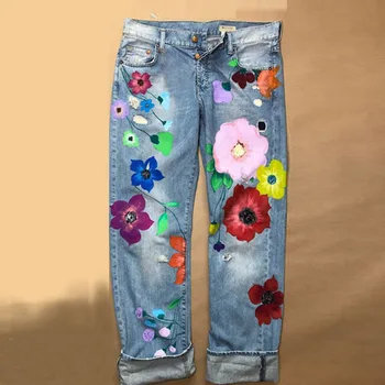 Flori Drăguț PrintedJeans Femei Blugi Largi Nou Stil Direct Jean De Moda Fierbinte Doamnelor Tipărite Denim Subțire De Primăvară Și De Vară Respira