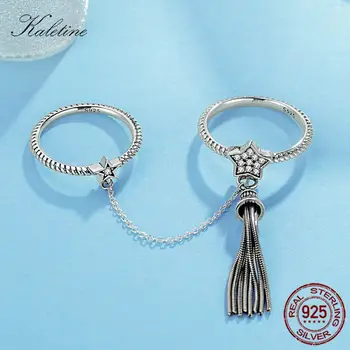 KALETINE Ciucure Inel Argint 925 Inele Pentru Femei Două Stele Inel Cu Link-ul Lanț Cristal Stiva Vintage Boem Bijuterii