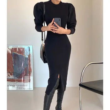 2020-O Bucată Coreean WinterWomen Mid-Lungime Rochie-Pulover Office Lady Slim Fit Rotund Gat Mâneci Elegant Rochii Tricotate