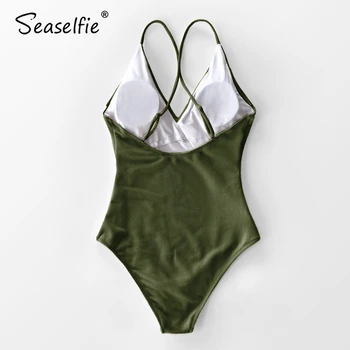 SEASELFIE Armata Verde-O singură Bucată de costume de Baie Sexy Solid Deschide Inapoi de Costume de baie Monokini Swimsuit Femei Body Costum de Baie Beachwear