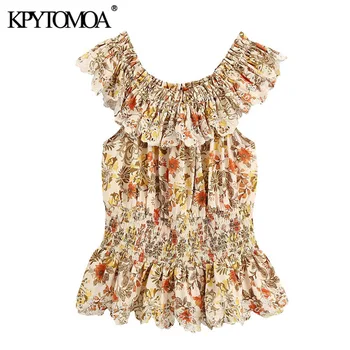 KPYTOMOA Femei 2020 Moda Print Floral Elastic Smocked Bluze Vintage Gol Afară de Broderie Ciufulit de sex Feminin Tricouri Topuri Chic