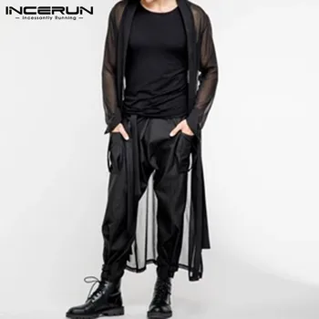 Moda Plasă de Bărbați Cămașă Sexy Transparent Open Stitch Cardigan cu Maneca Lunga Mantie Casual Barbati Stil Lung Topuri Streetwear 5XL INCERUN