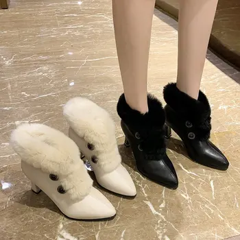 Rimocy Îngroșa Blană Cald Glezna Cizme pentru Femei Tocuri Ascuțite Toe Pluș Pantofi de Iarna Femeie cu Fermoar din Piele PU Scurt Botas Noi