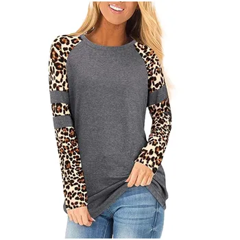 Moda Femei Casual Pierde O-gât Împletit Leopard Maneca Lunga T-shirt Confortabil Doamna de Moda Camiseta Mujer