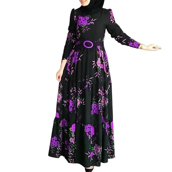 Femei cu Maneci Lungi Musulman Abaya Rochie Etnice Print Floral Curea Maxi Caftan Halat Dubai Islamic ClothingTurkish emiratele arabe unite Eid Cadou Parte