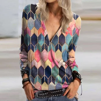Femei Tunica Top Supradimensionat T Shirt Doamnelor Plus Dimensiune Tricouri Imprimate Cu Maneci Lungi V-Neck Vintage Cu Fermoar Pulover De Sus Haine Pentru Femei