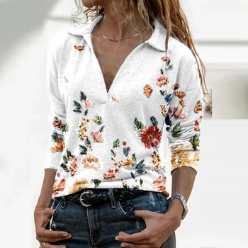 Femei Tunica Top Supradimensionat T Shirt Doamnelor Plus Dimensiune Tricouri Imprimate Cu Maneci Lungi V-Neck Vintage Cu Fermoar Pulover De Sus Haine Pentru Femei