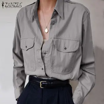 ZANZEA 2021 Primavara pentru Femei Tricou Doamnelor Casual, Buzunare Bluze Butoanele de Jos Solide Tunica Topuri de Bumbac Rever Gât Blusas Plus Dimensiune