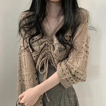 2021 Toamna Stil coreean Hollow-out Tricot Tricouri Femei V-Neck Maneca Lunga Femei de Îmbrăcăminte Casual Vrac Solid Femei Bluza 10194