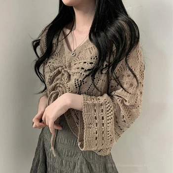 2021 Toamna Stil coreean Hollow-out Tricot Tricouri Femei V-Neck Maneca Lunga Femei de Îmbrăcăminte Casual Vrac Solid Femei Bluza 10194