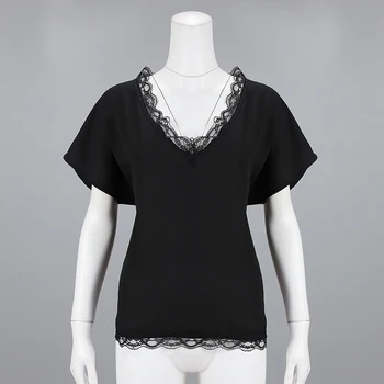 Femei Casual Negru V-Neck Lace Casual Moda Sexy cu Maneci Scurte T-shirt Femei Elegante American European de Vară de Sus Teuri SJ2189E