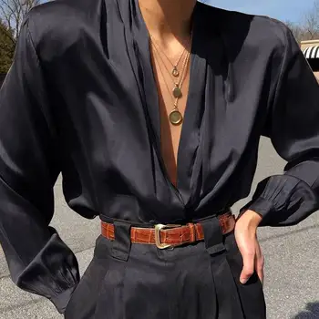 Celmia Moda Slik Satin, Bluze Femei, Camasi 2021 Toamna Mânecă Lungă Lanternă V-gât Topuri Sexy Elegant Butoane Birou Blusas