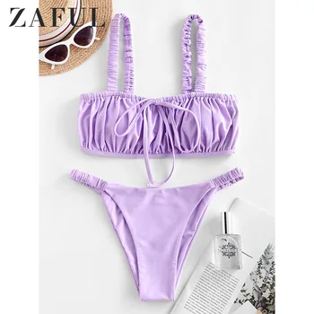 ZAFUL Sexy, cu Bretele Elastice Lega Ruched Bikini de costume de Baie Noi Smocked Căptușit Tub de Top Bikini Seturi Solid de Înaltă Tăiat Femei Bikini Set