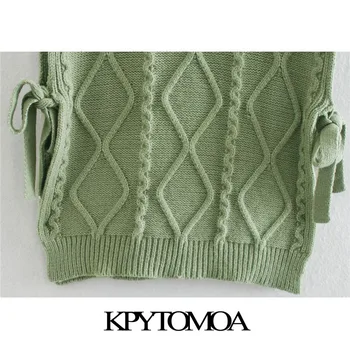 KPYTOMOA Femei 2021 Moda Cu Arc Legat Cable-knit Vesta Pulover Vintage High Neck fără Mâneci Femei Vesta Chic Topuri