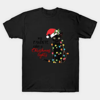 Culoarea Mea Preferată Este De Lumini De Crăciun. Amuzant Pisica Neagra Cadou De Crăciun Mens T-Shirt Din Bumbac Cu Maneci Scurte O-Neck Tricou Unisex Nou