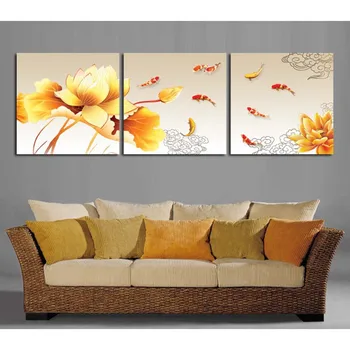 Canvas Decor Acasă De Imprimare Poster Frame 3 Bucăți De Pește Koi Golden Lotus Chineză Poze Cyprinus Carpio Feng Shui Pictura Arta De Perete