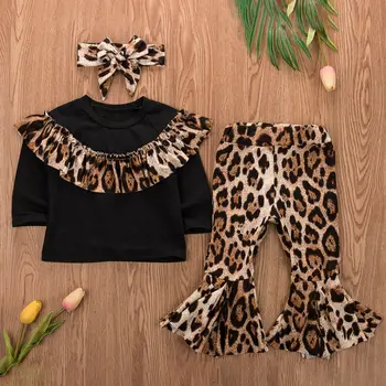 Copil nou-născut Fete Haine de Bumbac Leopard Print Long Sleeve Top+ Pantaloni Lungi +Bentita 3PCS Set Haine