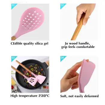 Silicon Ustensile de Gătit Set Non-stick Spatula Lingura de Supa Mâner de Lemn cu Cutie de Depozitare Instrumente de Bucatarie Set de Cadouri pentru Mama