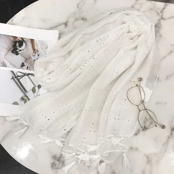 2020 nou alb cu Paiete, ciucure de bumbac pur de cânepă esarfa pentru femei de artă vara vara primavara toamna șal femei văl de mătase eșarfă