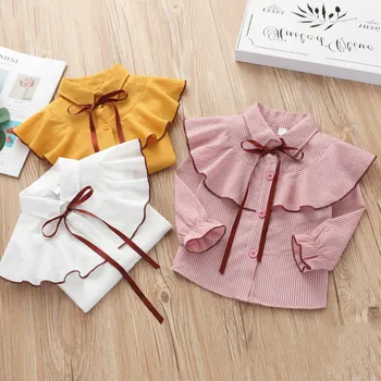 Noul Copil Fete Bluze de Moda Frunze de Lotus Marginea Guler de Turn-down Fata de Tricouri cu Dungi Printesa Bluze Camasi Copii Haine
