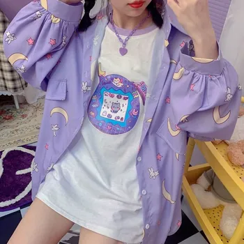 Femeile Japoneze Tricouri Coreeană Stil Kawaii Jk Uniformă Bluze Femei Supradimensionat Drăguț Designer Luna De Imprimare Butonul Până Camasi Toamna