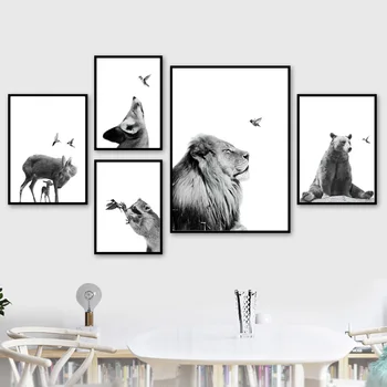 Drăguț Urs Koala Cerb, Vulpe Pasăre Negru Alb Nordic Postere Si Printuri De Arta De Perete Panza Pictura Pe Perete Imagini Pentru Living Decorul Camerei