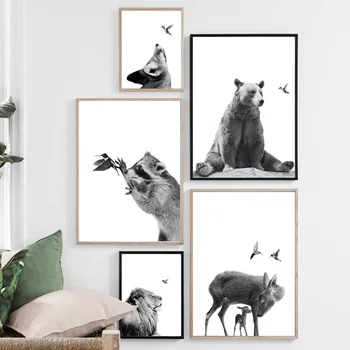 Drăguț Urs Koala Cerb, Vulpe Pasăre Negru Alb Nordic Postere Si Printuri De Arta De Perete Panza Pictura Pe Perete Imagini Pentru Living Decorul Camerei