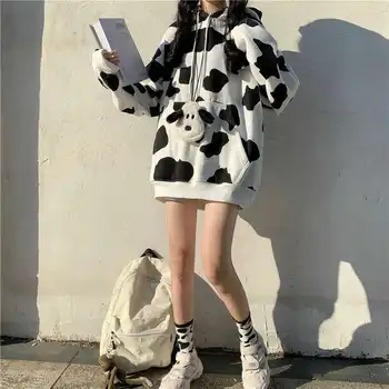 Hanorace Femei Imprimat Cu Gluga Retro Streetwear Stil Coreean Vaca Vrac Japoneză Subțire Student Chic Populare Buzunar Frontal De Agrement Nou