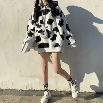 Hanorace Femei Imprimat Cu Gluga Retro Streetwear Stil Coreean Vaca Vrac Japoneză Subțire Student Chic Populare Buzunar Frontal De Agrement Nou