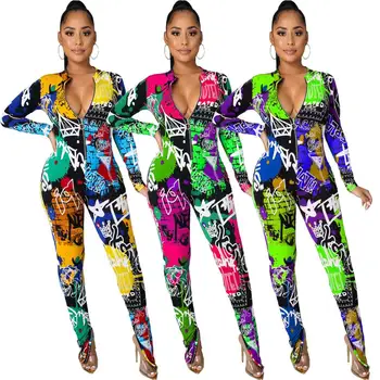 2021 Primăvară mai Noi Femeile pline de culoare Neregulate de Imprimare de Costume Lady Casual cu Fermoar V-neck Maneca Lunga Slab Sportwear Salopetă