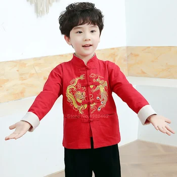 Chineză Topuri Copii Tang Costum Dragon Emboridey Hanfu Copil Fată Băiat De Anul Nou Haine Cămașă Tradițională Imbracaminte Barbati Geaca De Petrecere