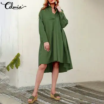 Femei cu Maneci Lungi Tricou Vintage Rochie 2021 Celmia Moda Rever Casual Solide în Vrac Rochii de Petrecere Vestidos Plus Dimensiune