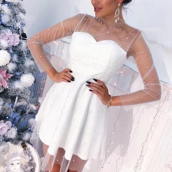 De vară 2020 noua moda femei elegante Un cuvânt rochie mini sexy alb negru cu maneci lungi cu margele rochie de seara, rochie de petrecere