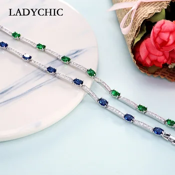 LADYCHIC Lux Albastru Verde Ovale Placat cu Argint Culoare Bratari Fermecător Cristal Mireasa Nunta Bijuterii de Moda pentru Femei Brățară LB1001