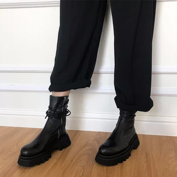 2020 Toamna Noua Moda Glezna Cizme Dantela-Up Cizme cu Fermoar Femeie Platforma PU Pantofi de Piele de sex Feminin Rece Doamnelor Confortabil