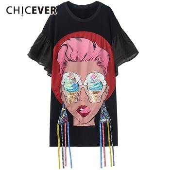 CHICEVER Caracter de Imprimare Ciucure pentru Femei T-shirt O-Gat Maneci Fluture mult Timp în Plus Dimensiune T-shirt Femei 2020 Moda de Vara Noi