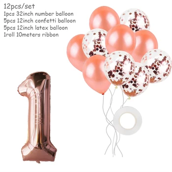 12pcs Aur Rose Confetti Numărul de Balon Seturi de Prima Petrecere de Ziua Decor Panglica Decor Nunta Copil de Dus Accesorii pentru Decor