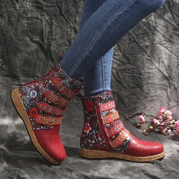 Femei Cizme Vintage Florale Imprimate Cataramă De Închidere Cu Fermoar Doamnelor Pantofi Casual Apartamente Pu Piele Glezna Cizme Scurte De Pluș Pantofi Femei