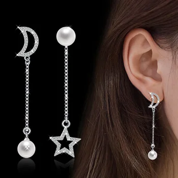 Moda Picătură Cercel pentru Femei 925 Argintiu perlat cu Stele, Luna Mare, Rotundă Cerc Brincos NOI