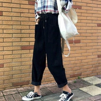 Pantaloni Casual Femei Cordon Glezna-lungime pantaloni de Catifea cord Birou Doamnă Solidă Simplu Studenți Chic Trendy BF Slim Stil coreean Ulzzang