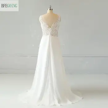 Dantelă albă Șifon V-Neck fără Mâneci Etaj Lungime O-linie rochie de Mireasa Matura/Tren Perie Personalizate