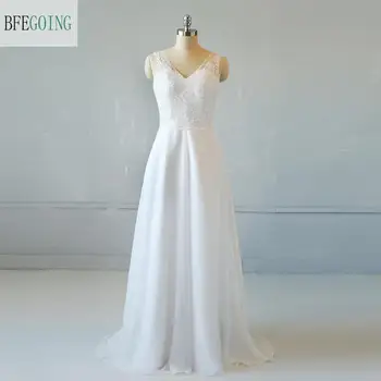 Dantelă albă Șifon V-Neck fără Mâneci Etaj Lungime O-linie rochie de Mireasa Matura/Tren Perie Personalizate