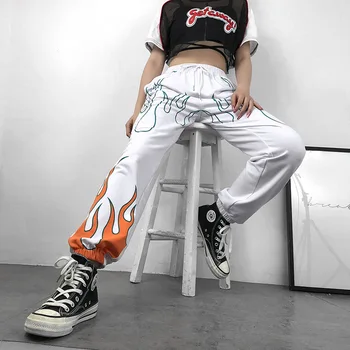 YYXZ de Primăvară de Moda Hip Hop de Imprimare Foc Litere SML Alb Talie Elastic cu Cordon Femei Pantaloni Casual Doamna Pantaloni Streetwear