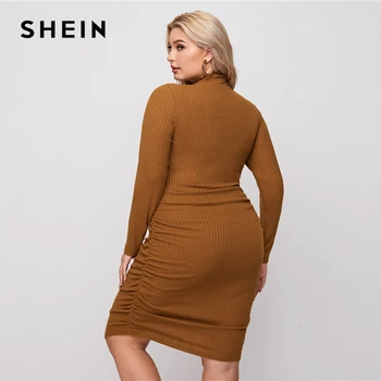 SHEIN Plus Dimensiune Rib-knit Ruched Rochie Bodycon Femei Toamna cu Maneci Lungi guler Înalt, Elegant, Plus Solid Rochii Creion