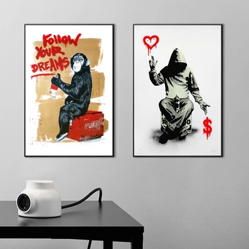 Banksy-Ți Urmezi Visele Canvas Postere de Arta Abstractă Maimuță Picturi in Ulei pe Panza, Arta Graffiti Street Poze Acasă Cuadros